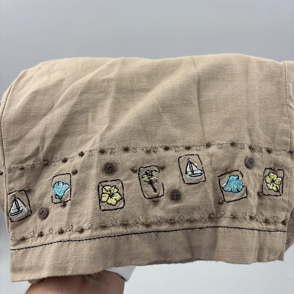 CJ Banks Linen Cotton Wide Leg Pants Womens 14W Beige Neutral‎ Embroidered Boho